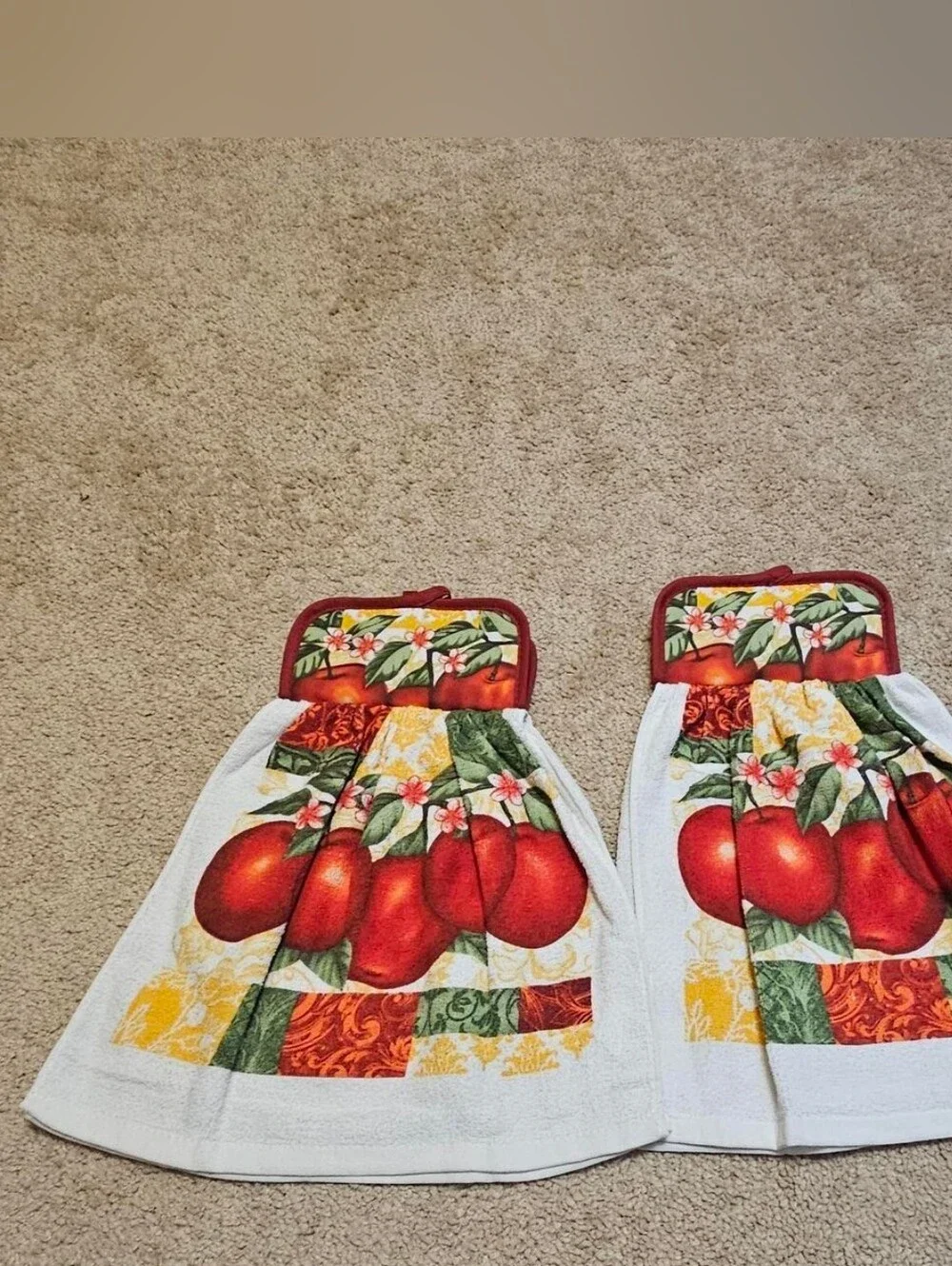 2 Handcrafted Towels Attached To Potholders | Red + White | Apples | Oven Mitt